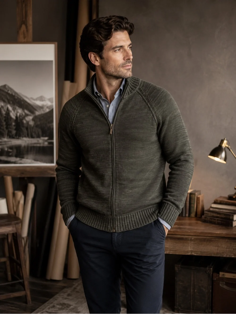 Olive Green Full Zip Sweater | Banana Republic Factory Men’s Medium Cotton Knit